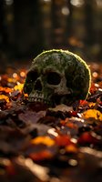 Moss-covered skull resting among autumn leaves in forest setting with warm bokeh lighting creates atmospheric Halloween or gothic mood for seasonal designs.
