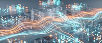 Digital data flow visualization with glowing light waves streaming across circuit board architecture and network nodes, representing technology infrastructure and connectivity.