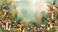 Watercolor forest floor frame with mushrooms, ferns and autumn leaves creating enchanted woodland border on textured background for nature designs.