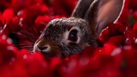 Adorable brown bunny rabbit peeking through vibrant red flowers, close-up portrait with soft bokeh background creating magical spring atmosphere.