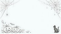 Spooky Halloween scene with carved jack-o-lantern pumpkins, spider webs, hanging spiders, and black cat silhouette on white background. Isolated clipart for seasonal designs.