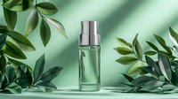 Green glass cosmetic bottle with silver pump dispenser surrounded by fresh green leaves casting soft shadows on mint background. For beauty product photography.