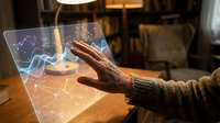 Hands touching holographic display with digital network visualization and glowing data connections on wooden table in modern interior setting.