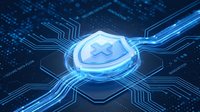 Digital cybersecurity shield with glowing blue circuits and data streams for technology protection and network security applications.