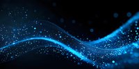 Glowing blue wave with sparkling particles flowing on black background, abstract dynamic motion design for technology and digital concepts.