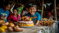 Happy Latino boy smiling at birthday celebration with decorated cake and traditional pastries on rustic wooden table, family gathering in background, natural lighting.
