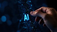 Male hand pointing at glowing AI text with digital network connections and blue technology particles on dark background. Future artificial intelligence concept.
