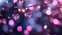 Glowing pink heart shapes with sparkling bokeh lights creating romantic atmosphere against dark background, magical holiday mood for Valentine's day celebration.