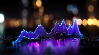 Glowing purple sound wave visualization with neon blue edge effect against dark background with bokeh lights, creating futuristic audio spectrum display.