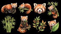 Red panda clipart set with bamboo and berries, isolated on transparent background. Great for stickers, t-shirt design, print on demand, and sublimation projects.