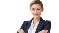 Young professional businesswoman in navy blue blazer and white blouse smiling confidently with arms crossed against white background, studio portrait for corporate and business concepts.