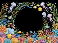 Underwater coral reef frame with jellyfish, seaweed, and tropical fish on transparent background. Ready for clipart, t-shirt designs, stickers, sublimation, and print-on-demand projects.