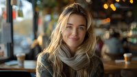 Young blonde woman with warm smile wearing knit sweater and scarf sitting in cozy cafe with blurred bokeh lights and coffee cups in background. Natural lifestyle portrait.