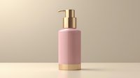 Pink cosmetic bottle with gold pump dispenser and base on beige background, luxury skincare packaging mockup for beauty product branding and design.