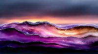 Abstract mountain landscape with purple and pink gradient colors creating dreamy atmospheric layers under dramatic cloudy sky for modern interior design.