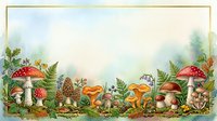 Watercolor forest floor scene with red and golden mushrooms, ferns, and woodland plants arranged in natural composition on isolated white background, suitable for botanical designs and nature-themed projects.