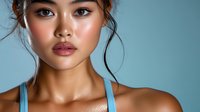 Young Asian woman with natural makeup and glowing skin against blue background. Professional beauty portrait for skincare, cosmetics and wellness concepts.