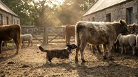 Farm animals grazing in rustic barnyard at golden hour sunset with cattle, sheep and cat creating peaceful rural countryside scene for agriculture content.