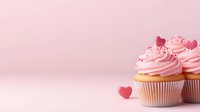 Pink frosted cupcakes with heart decorations on pastel background for Valentine's Day celebration, bakery display, romantic dessert presentation.