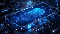 Digital fingerprint scan on smartphone screen with glowing blue circuit board background, representing modern biometric security and data protection technology.