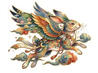 Ornate mythical dragon rabbit with decorative wings and flowing ribbons, isolated on transparent background. Ready for t-shirt design, clipart, stickers, sublimation, and print-on-demand projects.