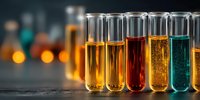 Laboratory test tubes filled with colorful chemical solutions in scientific research environment for medical analysis and experimentation.