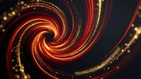 Glowing red and gold spiral vortex with swirling light trails and particles on dark background, suitable for tech, digital, and motion graphics projects.