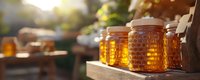 Golden honey in glass jars displayed on wooden shelf with warm sunlight, perfect for food, organic products, beekeeping, and natural sweetener marketing materials.