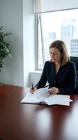 Middle-aged Caucasian businesswoman in dark blazer signing documents at wooden desk in modern office with city skyline view, suitable for corporate and business concepts.