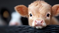 Adorable light brown calf with blue eyes peering over dark surface, close-up portrait showing curious expression and pink nose against blurred background.