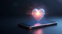 Glowing digital heart hologram floating above smartphone screen with sparkles and light effects, futuristic love concept on dark background.