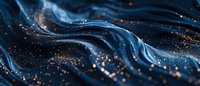 Dark blue flowing waves with golden glitter particles creating luxurious abstract background for cosmetics, jewelry, or premium product advertising.