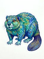 Colorful stylized beaver with vibrant blue, green, and yellow fur featuring intricate patterns and scales on tail, isolated on white background for design projects.
