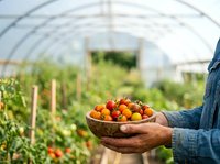 Farmer holding bowl of fresh ripe tomatoes in greenhouse with growing plants and support structures, agricultural harvest and organic produce cultivation.