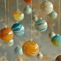 Hanging glass ornaments with swirled patterns in orange, blue, and cream tones create a festive holiday decoration. Perfect for seasonal displays and Christmas themes.
