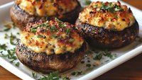 Stuffed mushroom caps topped with melted cheese, crispy bacon bits and fresh herbs served on white plate. Savory appetizer garnished with chopped parsley.