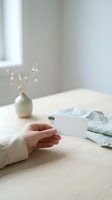 Woman hand reaching across wooden table with ceramic vase and folded linen napkins in bright minimalist dining room interior.