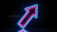 Glowing neon arrow pointing upward with vibrant pink and blue lights against dark starry background for business growth and success concepts.