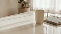 Cream ceramic mug mockup on white table with notebook and plant, bright natural light from window, blank cup for branding and design projects.