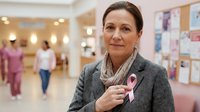 Professional middle-aged Caucasian female healthcare administrator wearing pink breast cancer awareness ribbon in modern hospital lobby setting.