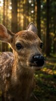 Young deer fawn portrait in golden sunlight forest with bokeh background for wildlife and nature photography projects.