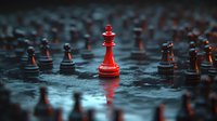 Red chess queen standing out among dark pieces on wet board, symbolizing leadership, strategy, and competitive advantage for business concepts.