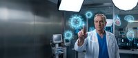Senior Caucasian male doctor in white coat touching holographic virus molecules in modern medical laboratory with futuristic technology interface.