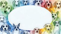 Colorful watercolor dog breeds frame with white space for text, featuring various canine faces in rainbow geometric background for pet-related designs.
