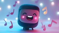Cute cartoon microphone character with happy kawaii face expression dancing among musical notes on blue and pink gradient background with bokeh lights.