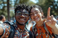 Young diverse couple taking selfie outdoors, man and woman wearing glasses smiling at camera making peace sign gesture in forest setting for travel and lifestyle content.