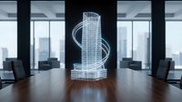 Holographic spiral skyscraper tower glowing with blue light on wooden conference table in modern office with floor-to-ceiling windows overlooking cityscape.