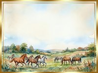 Herd of horses grazing in pastoral countryside landscape with rolling hills, trees, and golden frame border, suitable for farmhouse decor and equestrian themes.