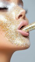 Close-up beauty portrait with gold and silver glitter makeup on face, nude pink lips, and long eyelashes against light background. Professional cosmetics art.