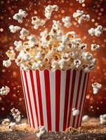 Fresh popcorn exploding from red striped container against warm brown bokeh background, floating kernels create dynamic motion for entertainment concepts.
